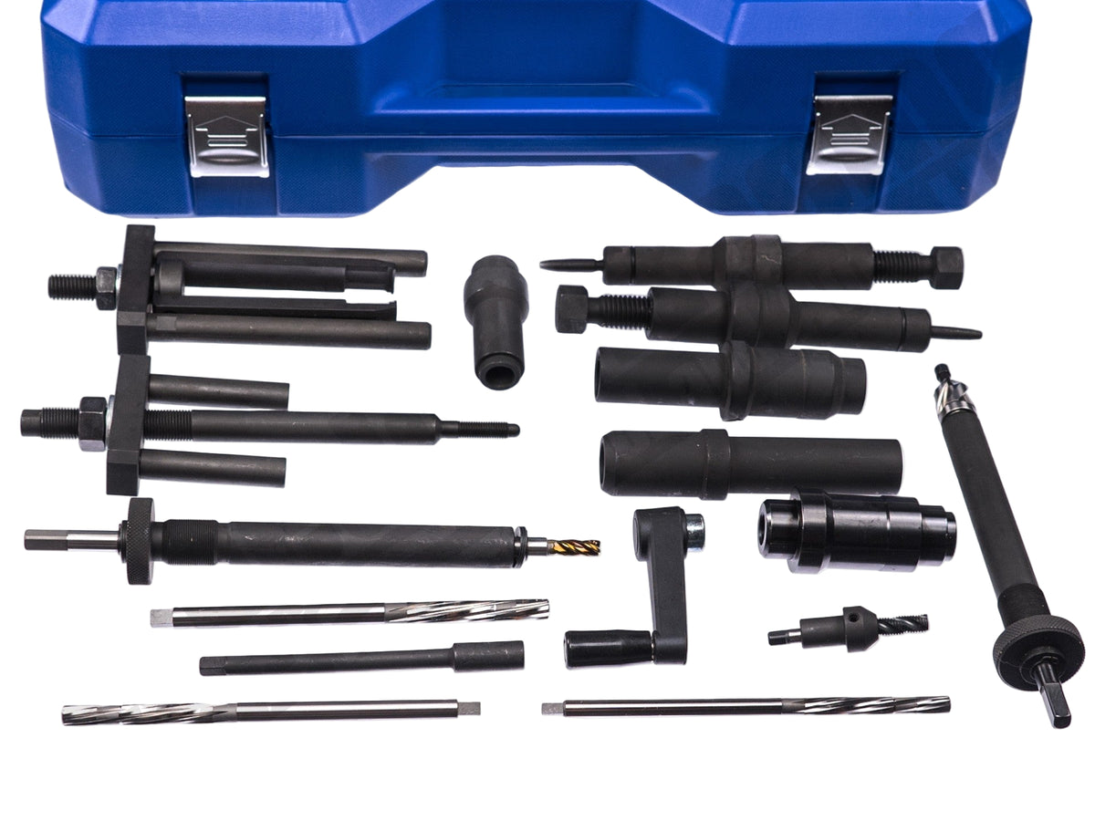 Set of black drill bits and tools with a blue toolbox on a white background