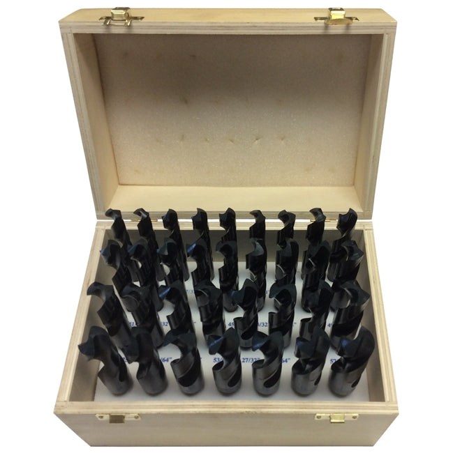 Drill America DWD833SD-WOOD 1/2"-1"x64ths 33 Piece HSS Reduce Shank Drill Bit Set, Wood Case, Qualtech, DWD833SD-WOOD