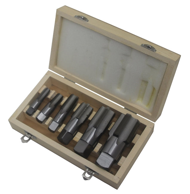 Drill America DWTHS1/4-1-1/4SET 6 Piece High Speed Steel NPT Pipe Tap Set 1/4", 3/8", 1/2", 3/4", 1" and 1-1/4" in Wooden Case, DWTHS1/4-1-1/4SET