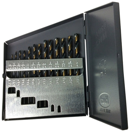 Drill America KFD13J-SET 1/16" - 1/4" HSS Black & Gold Jobber Drill Bit Set, Metal Case, 13 Pieces (1/64 Increments)