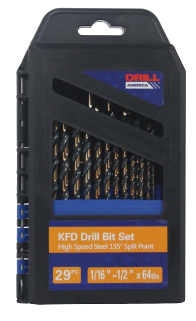 Drill America KFD29J-RB 1/16 - 1/2 HSS Black & Gold Jobber Drill Bit Set, Rectangular Plastic Case, 29 Pieces (1/64 Increments), KFD29J-RB