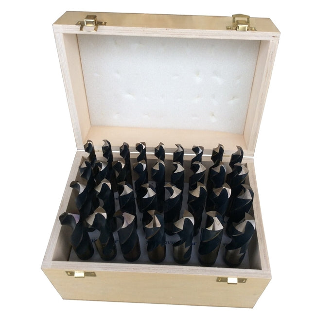 Drill America KFD833SD-WOOD 1/2"-1"x64ths 33 Piece HSS KFD Black & Gold Reduce Shank Drill Bit Set, Wood Case, KFD833SD-WOOD