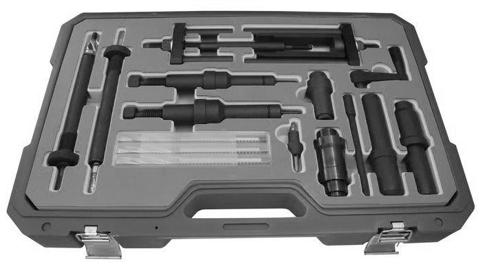 A professional injector removal kit containing various tools, primarily in black, neatly organized in a metal carrying case with a handle.