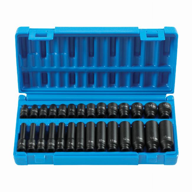 Grey Pneumatic 9728M 1/4"Drive Standard and Deep Length Metric Surface Drive Impact Set - 28 Pieces - 6 Point