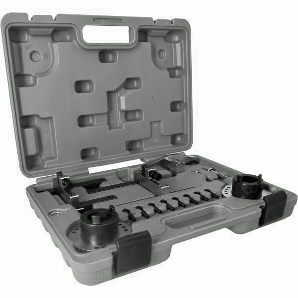 A timing tool kit for Ford 1.0 engines, displayed in an open gray case with various steel components arranged inside.